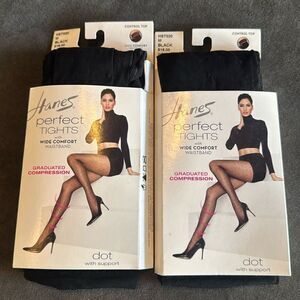 Hanes Perfect Tights ControlTop Graduated Compression Black Dot Size M x2 Pairs